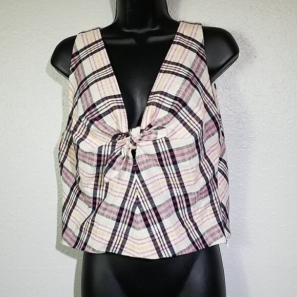 Zara Plaid Check Tweed Bow Sleeveless Crop Top LG - Picture 2 of 5